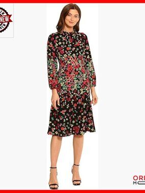 Long Sleeve Ruffle Mock Neck Dress, Puff Sleeves, Below Knee Tier